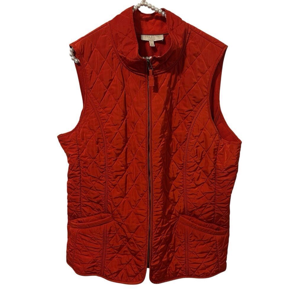 Talbots Vest Womens XL Orange Quilted Front Zip Lined Pockets Outdoors Jacket
